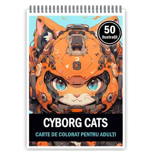Carte de colorat pentru adulti, 50 de ilustratii, Cyborg Cats, 106 pagini - 