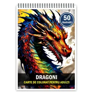 Carte de colorat pentru adulti, 50 de ilustratii, Dragoni, 106 pagini - 