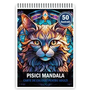 Carte de colorat pentru adulti, 50 de ilustratii Pisici Mandala, 106 pagini - 