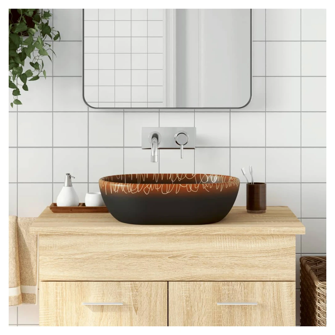 Lavoar de blat, negru și portocaliu, 47x33x13cm, ceramică, oval - Fabricat din ceramică, acest lavoar va aduce o notă elegantă și mereu la modă în orice baie, spălătorie și vestiar. Material durabil: Chiuveta de baie...