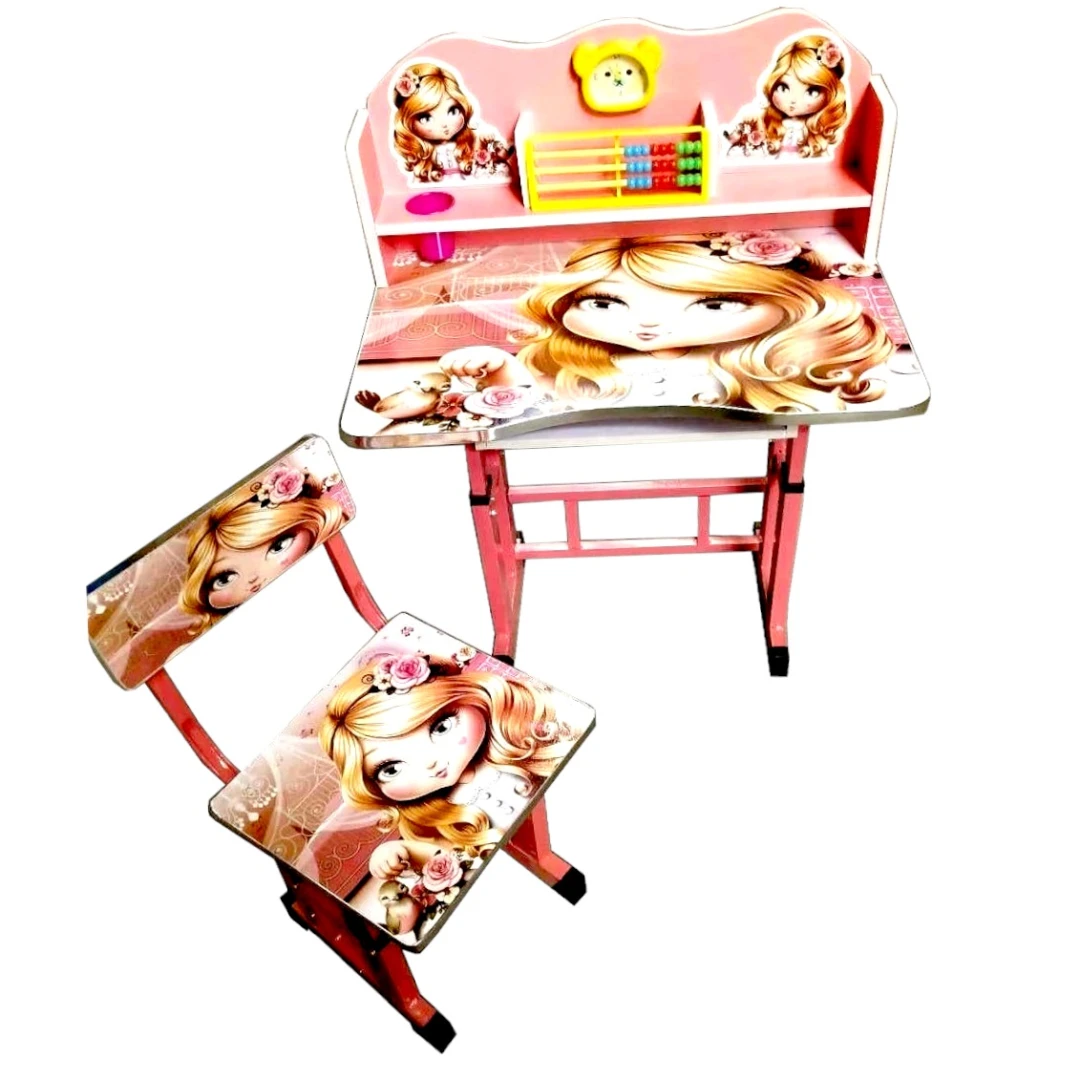 Birou studiu, cu scaun ergonomic, reglabile, cu accesorii ceas, numaratoare si suport pahar, desen fetita blonda, pentru copii - 