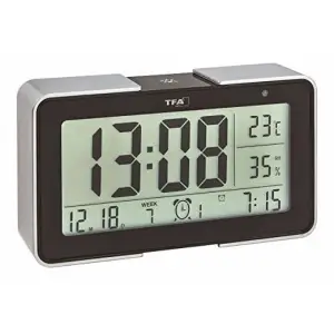 Termometru cu senzor de lumina negru MCT60254001 - •             Ecran LCD foarte mare ( 10,5 x 4,5 cm), cu afișarea simultană a temperaturii, umiditatii, ceasului si datei, numarul saptamanii.•             Ceas digital cu functie de alarma, cu buton de amanare (Snooze)•             Posibilitatea de a alege din 25 de sunete pentru alarma de trezire (melodii, alarme sau sunete de animale), cu volum reglabil.•             Ecran iluminat la nevoie printr-o simpla apasare de buton, pentru un plus de vizibilitate.•             Prevazut cu senzor de lumina, pentru iluminarea discreta automata a ecranului pe timpul noptii.•             Instalare foarte ușoară, nu necesită cabluri;•             Dimensiuni: 14 x 7,5 x 5 cm;•             Functioneaza cu 2 baterii 1,5 V tip AA/R6 (bateriile nu sunt incluse!)•             Posibilitate de alimentare prin cablu microUSB 5V/1A (cablul nu este inclus)•             Aria de masurare: temperatura interioară  -20 °C...+70 °C, umiditatea  10%...99%