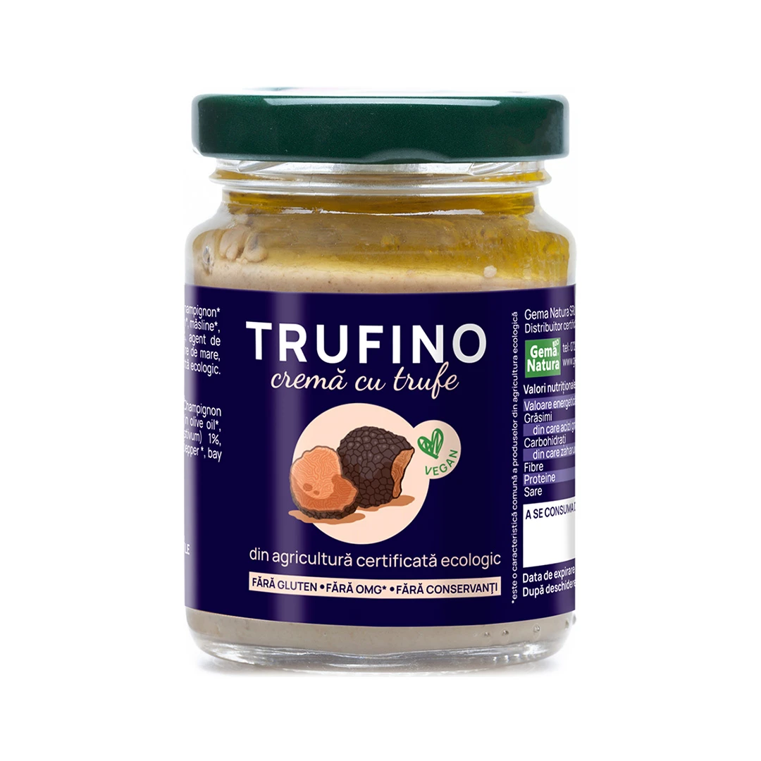 Trufino - <p>Cu o textura cremoasa si un gust echilibrat de trufe, TRUFINO este o crema vegana pe baza de ciuperci Champignon, ulei de masline extravirgin, masline si trufe negre pentru ca papilele tale gustative sa fie pe deplin rasfatate.</p>