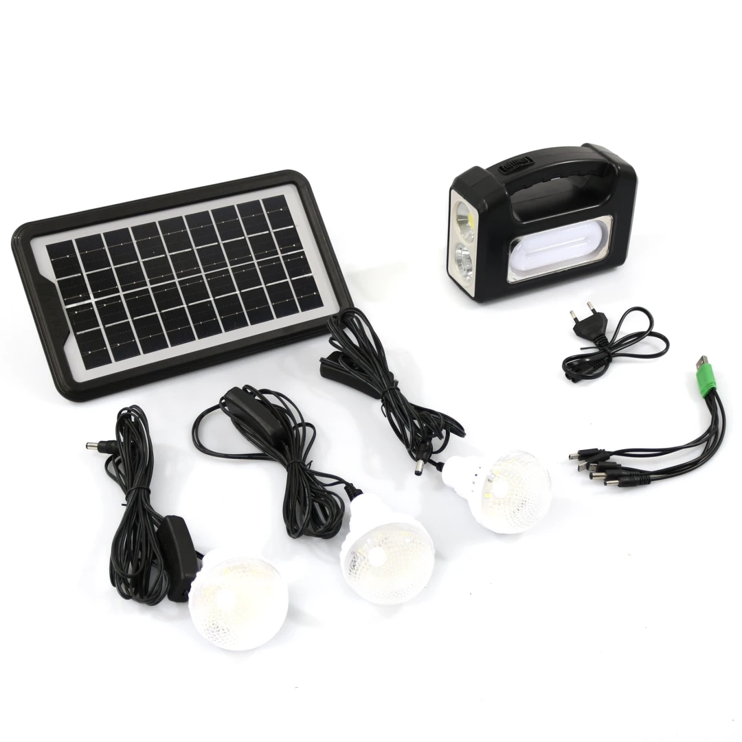 Sistem de iluminat solar GDPLUS, 3 becuri LED, unitate principala/baterie cu lanterna,USB, cablu de incarcare 220V, GD-7COB - 