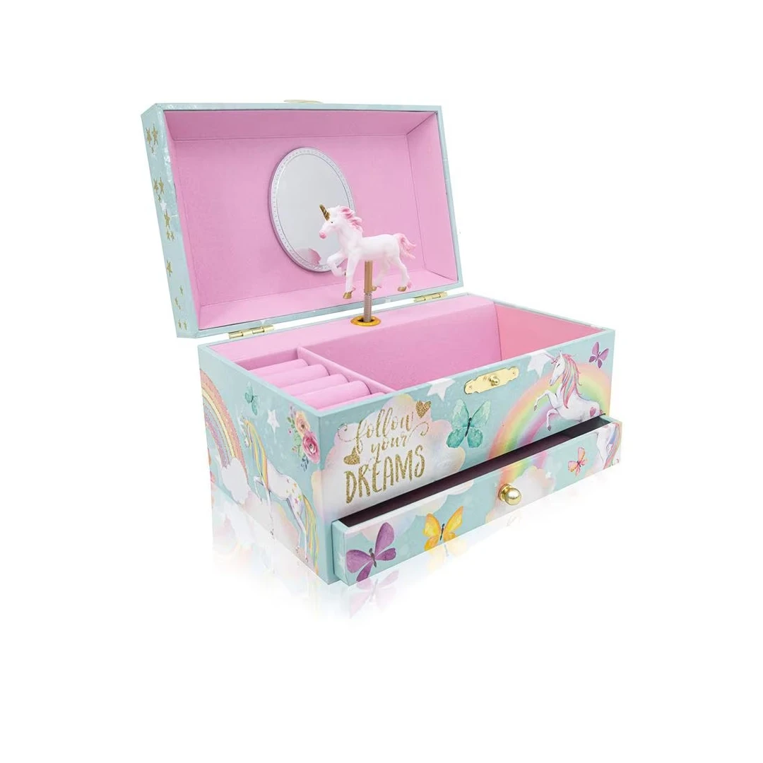 Cutie muzicala BRAGUS®, cu unicorni, pentru depozitarea bijuteriilor, cu sertar incorporat, recomandata copiilor cu varsta de peste 3 ani, interior roz - 