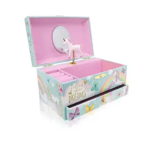 Cutie muzicala BRAGUS®, cu unicorni, pentru depozitarea bijuteriilor, cu sertar incorporat, recomandata copiilor cu varsta de peste 3 ani, interior roz - 
