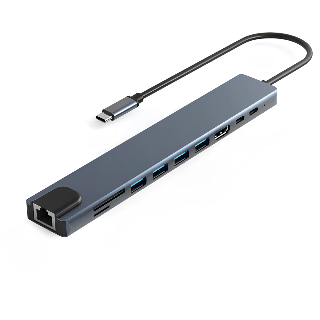 Hub Adaptor Multiport 10 in 1, USB-C 3.1, 4K HDMI Output, LAN RJ45 Ethernet (1000 MB/S), 3x USB 2.0, 1x USB 3.0, Power Delivery Port 87 W, TF si SD Card Reader, Docking Station pentru Laptop, MacBook Air/Pro, Chromebook, Tableta, Gri - 
