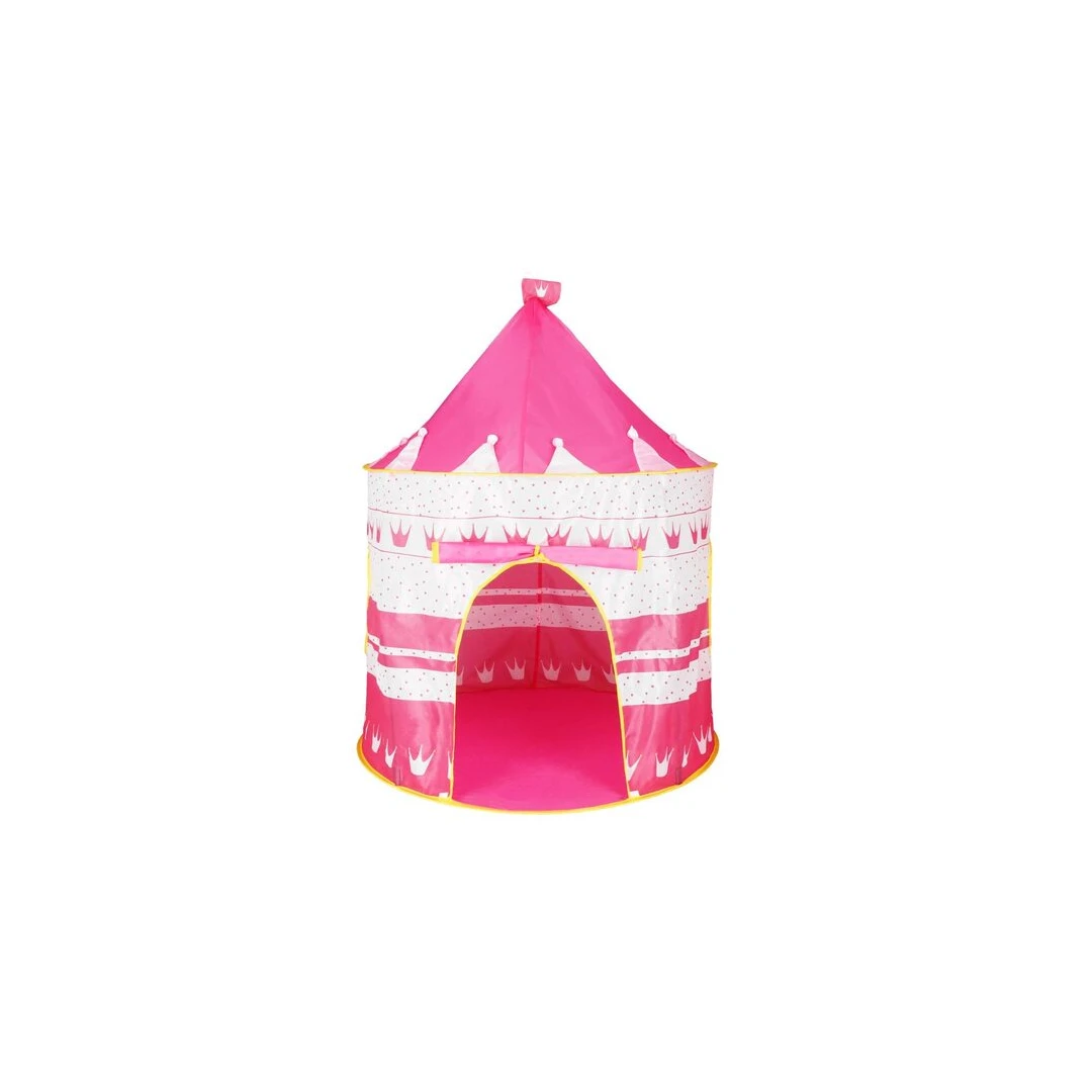 Cort de joaca pentru copii, Springos, tip castel, cu husa, model buline si coronite, roz, 100x140 cm - 