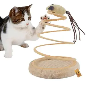 Jucarie interactiva pentru pisicute, Ascutitor ghiare, Model Soricel cu coada lunga, 15 x 23 cm, Bej - 