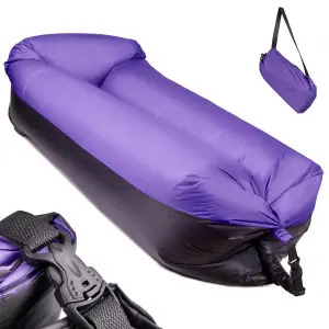 Saltea Autogonflabila "Lazy Bag" tip sezlong, 185 x 70cm, culoare Negru-Violet, pentru camping, plaja sau piscina - 