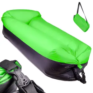 Saltea Autogonflabila "Lazy Bag" tip sezlong, 185 x 70cm, culoare Negru-Verde, pentru camping, plaja sau piscina - 