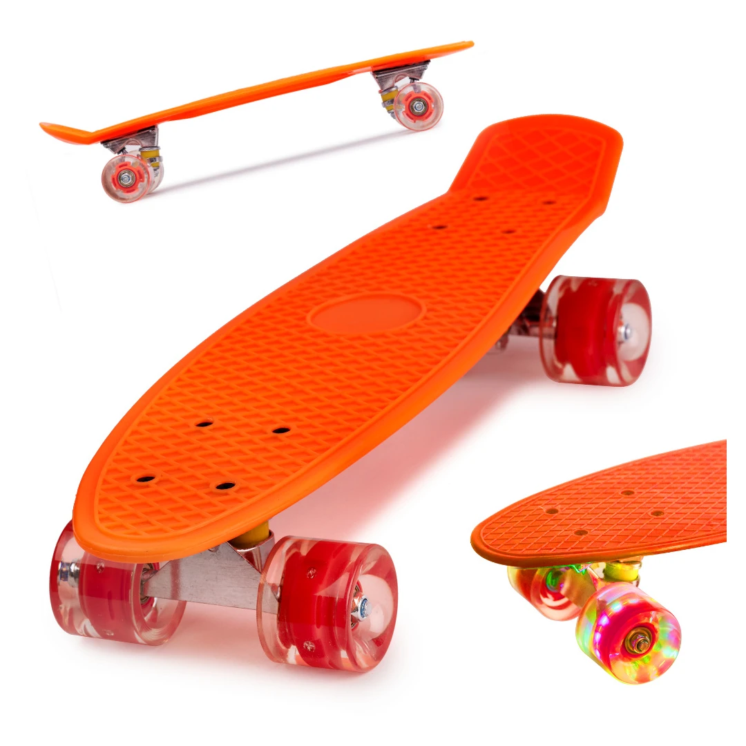 Skateboard Penny Board pentru copii cu roti din cauciuc, iluminate LED, culoare Orange - 