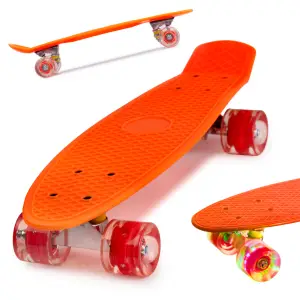 Skateboard Penny Board pentru copii cu roti din cauciuc, iluminate LED, culoare Orange - 