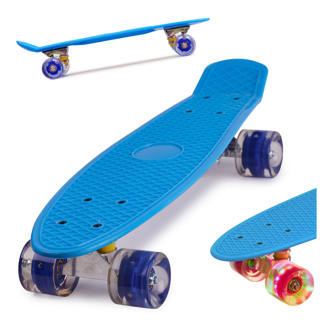 Skateboard Penny Board pentru copii cu roti din cauciuc, iluminate LED, culoare Albastra - 
