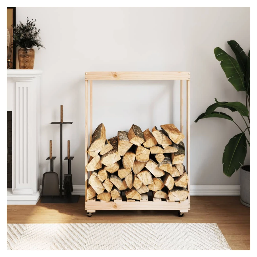 Suport de bușteni cu roți, 76,5x40x108 cm lemn masiv pin - Acest suport pentru bușteni, din lemn, este o soluție ideală pentru depozitarea ordonată a lemnelor de foc.   Lemn masiv de pin: Lemnul masiv de pin e...