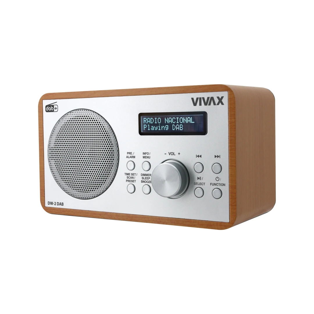 Radio cu ceas Vivax DW-2 DAB, 5W, FM, DAB+, Bluetooth, afisaj LED, 30 posturi presetate, carcasa lemn, maro - 
