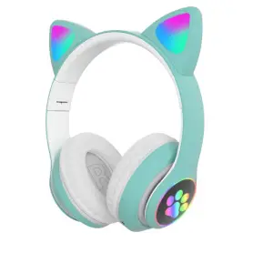 Casti wireless pentru copii,Urechi de pisica,Lumini LED RGB - Turcoiz - 