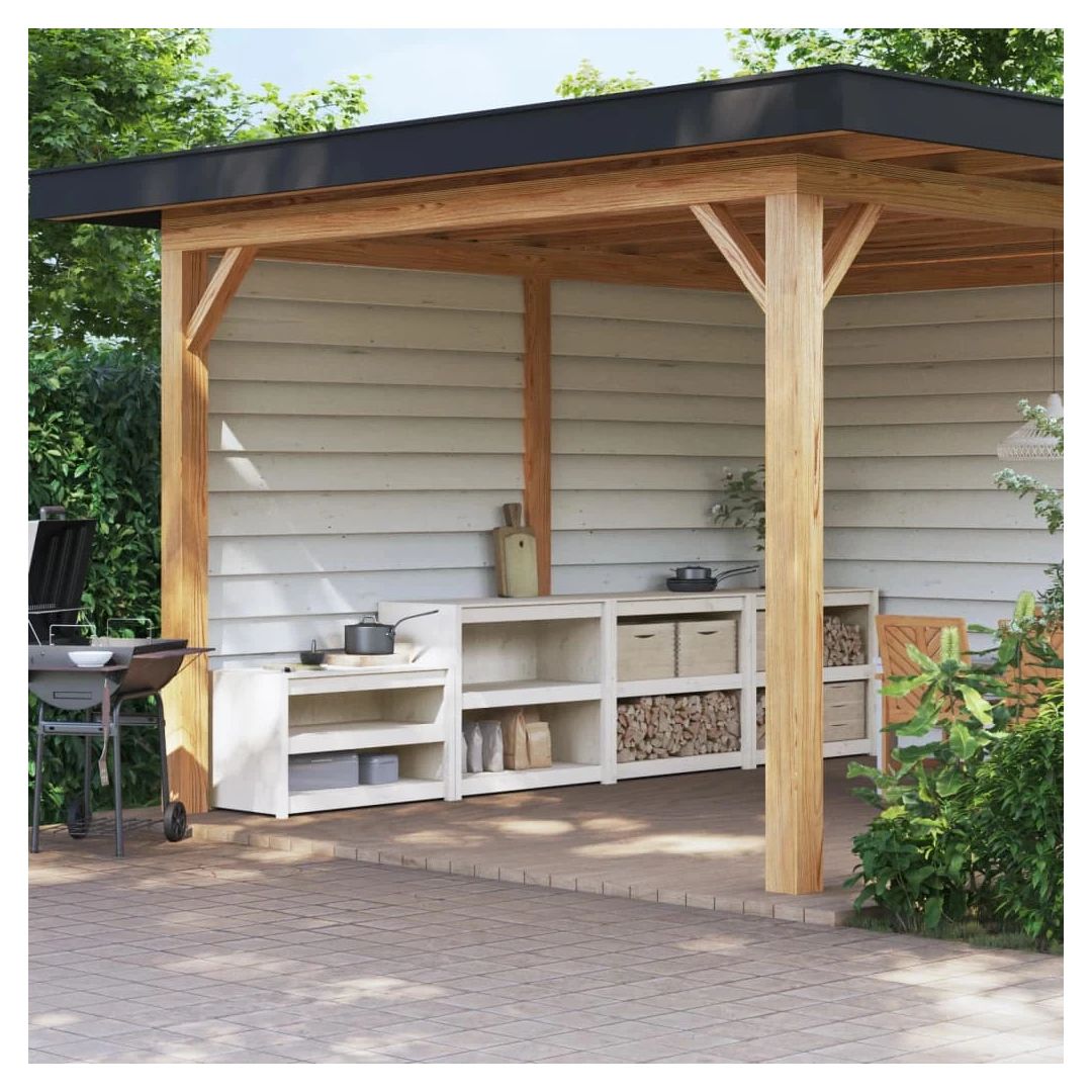 Dulapuri de bucătărie de exterior, 3 buc., alb, lemn masiv pin - Creați o bucătărie în aer liber cu acest dulap de bucătărie de exterior, din lemn, conform dorințelor dvs. și bucurați-vă de confort în grădină. Lemn...