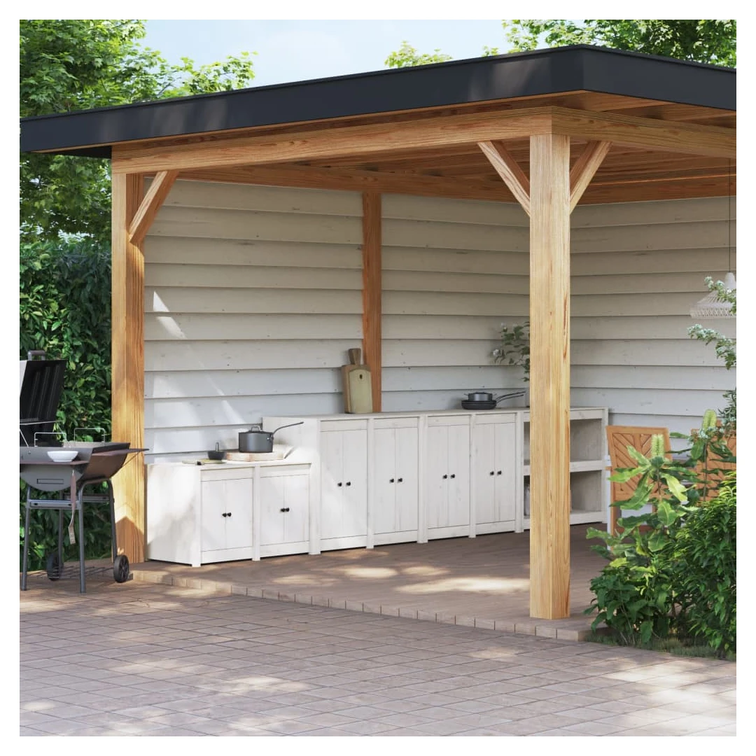 Dulapuri de bucătărie de exterior, 3 buc., alb, lemn masiv pin - Creați o bucătărie în aer liber cu acest dulap de bucătărie de exterior, din lemn, conform dorințelor dvs. și bucurați-vă de confort în grădină. Lemn...