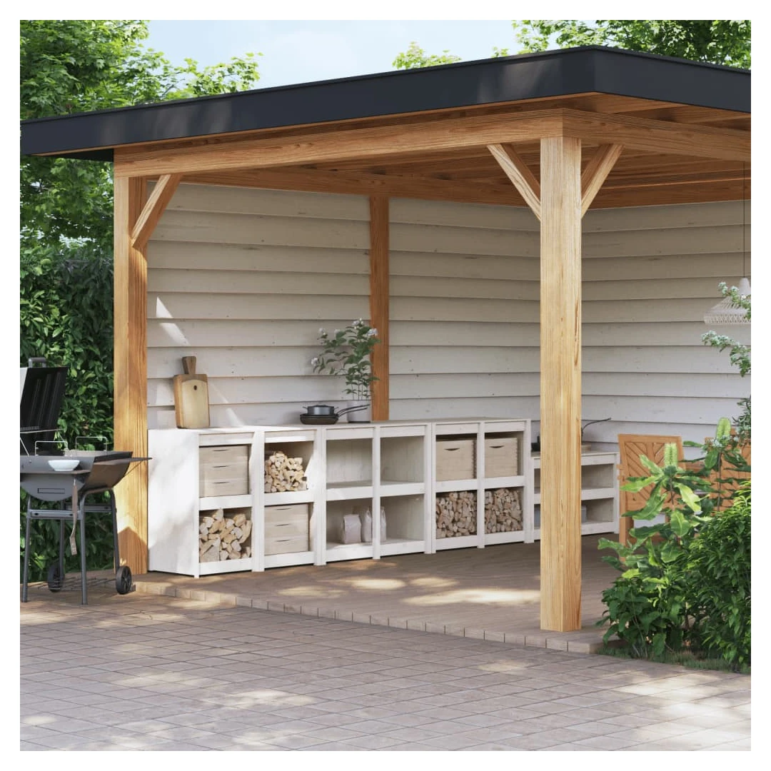 Dulapuri de bucătărie de exterior, 4 buc., alb, lemn masiv pin - Creați o bucătărie în aer liber cu acest dulap de bucătărie de exterior, din lemn, conform dorințelor dvs. și bucurați-vă de confort în grădină. Lemn...