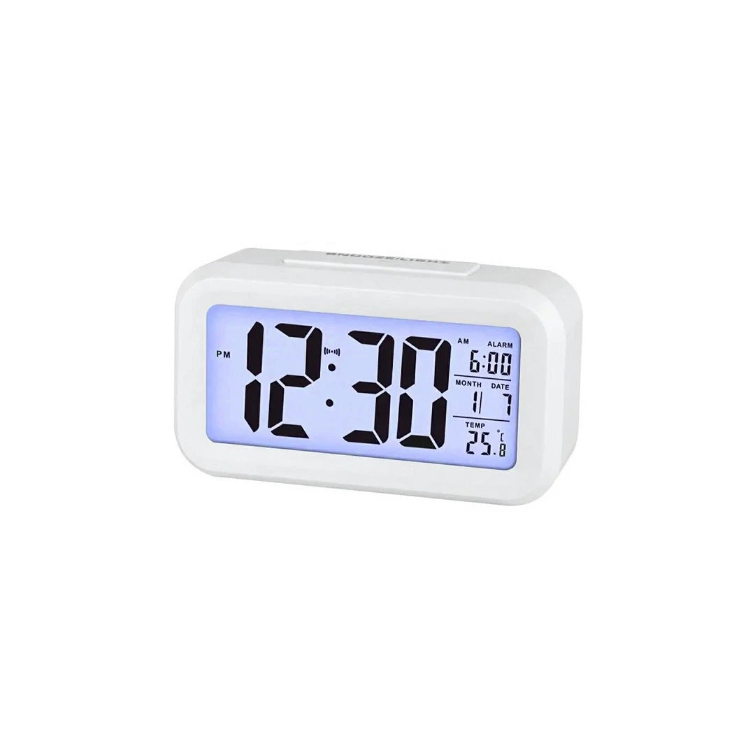 Ceas Digital cu Afisaj LED, alarma, cu Data, Ora, Temperatura si Alarma, de culoare alba - 75 x 130 x 45 mm - 