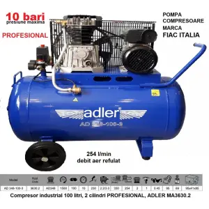 Compresor industrial 100 litri, 2 cilindri PROFESIONAL, ADLER MA3630.2 - 