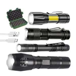 Set 4 Lanterne Tactice LED, Reincarcabile USB, Focus Ajustabil, Impermeabile, Aluminiu, Negru - Negru - 