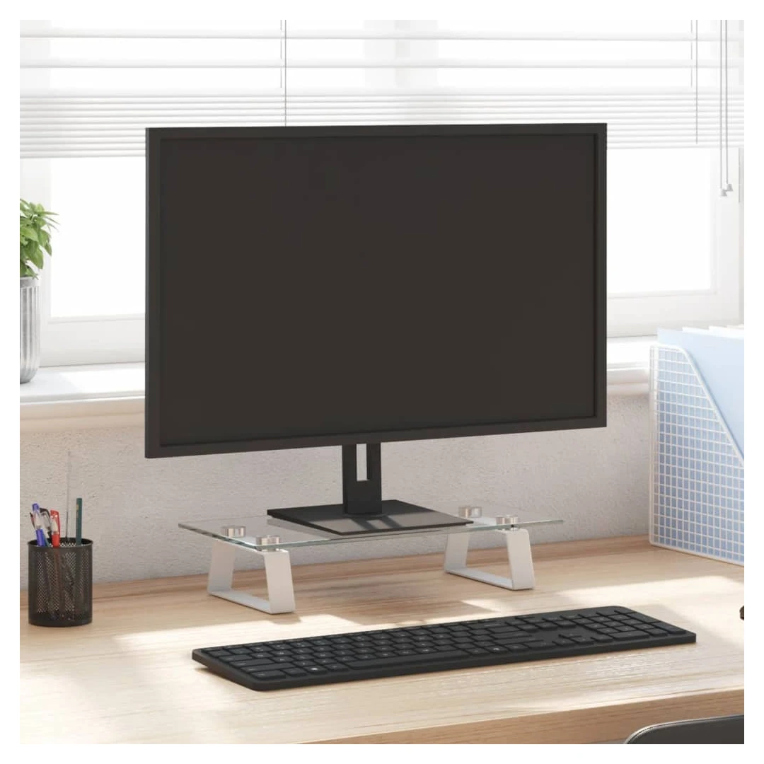 Suport de monitor, alb, 40x20x8 cm, sticlă securizată și metal - Acest suport practic pentru monitor, cu un design minimalist, va adăuga o notă modernă spațiului dvs. de locuit. Material durabil: Suportul pentru com...