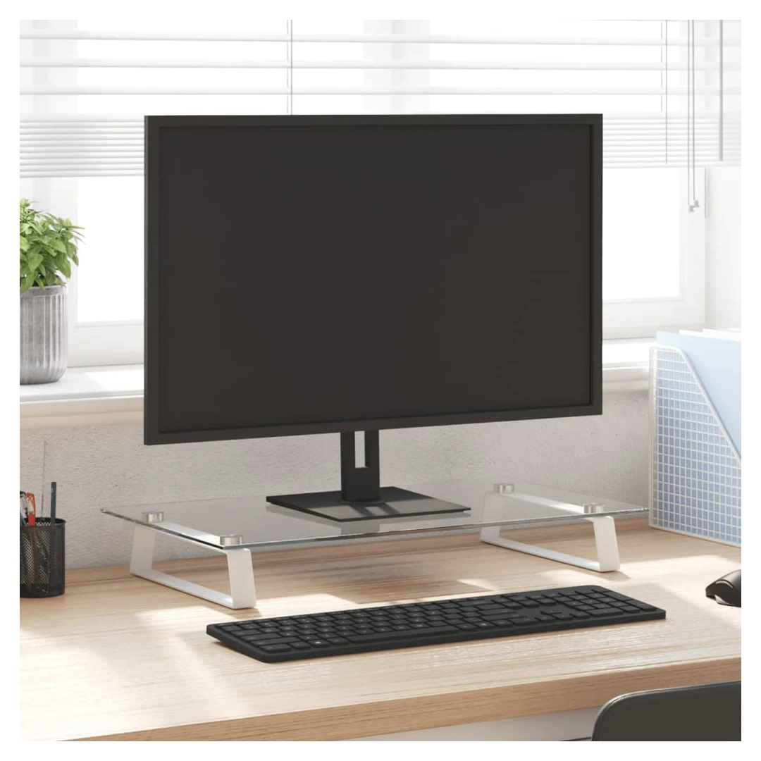 Suport de monitor, alb, 60x35x8 cm, sticlă securizată și metal - Acest suport practic pentru monitor, cu un design minimalist, va adăuga o notă modernă spațiului dvs. de locuit. Material durabil: Suportul pentru com...