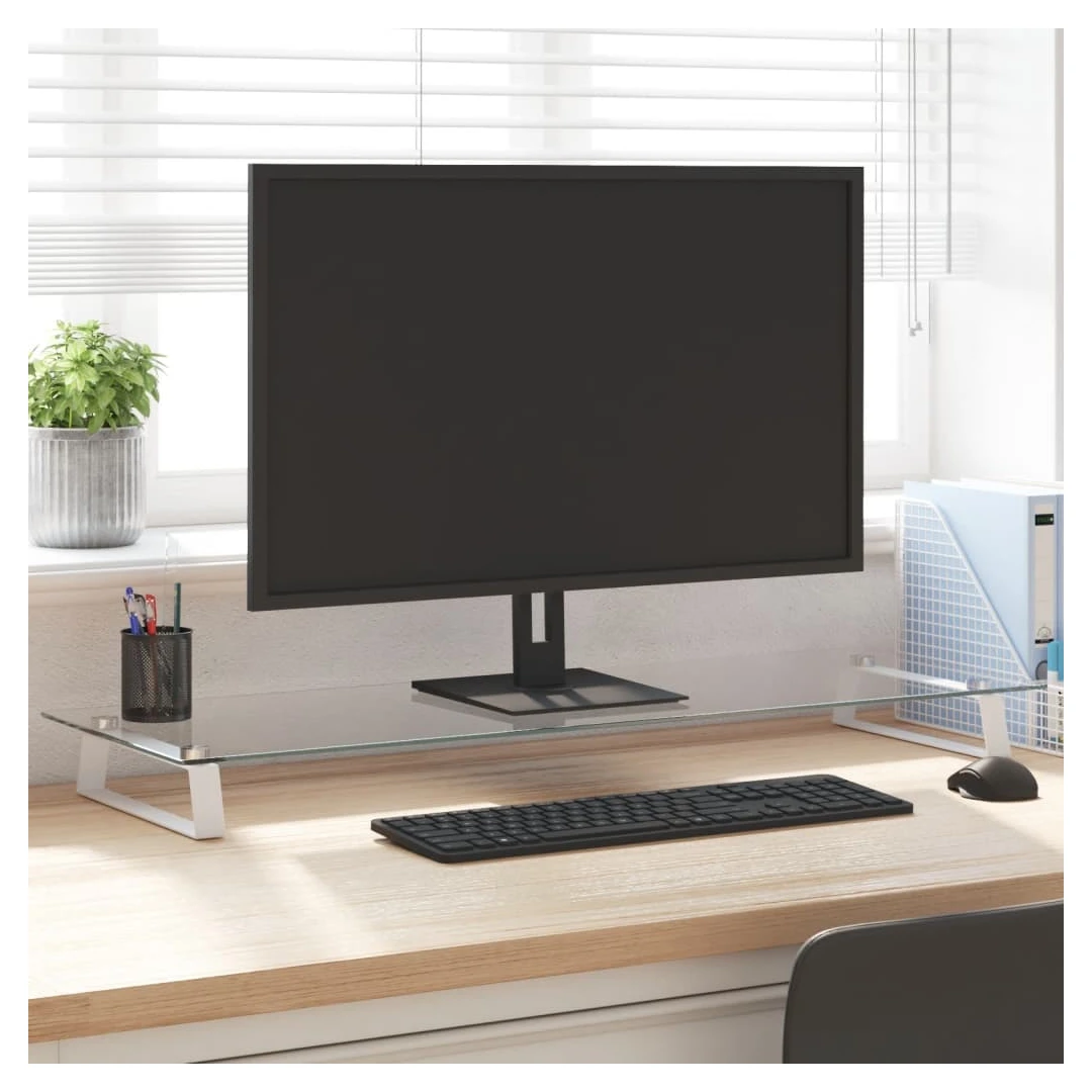 Suport de monitor, alb, 100x35x8 cm, sticlă securizată și metal - Acest suport practic pentru monitor, cu un design minimalist, va adăuga o notă modernă spațiului dvs. de locuit. Material durabil: Suportul pentru com...