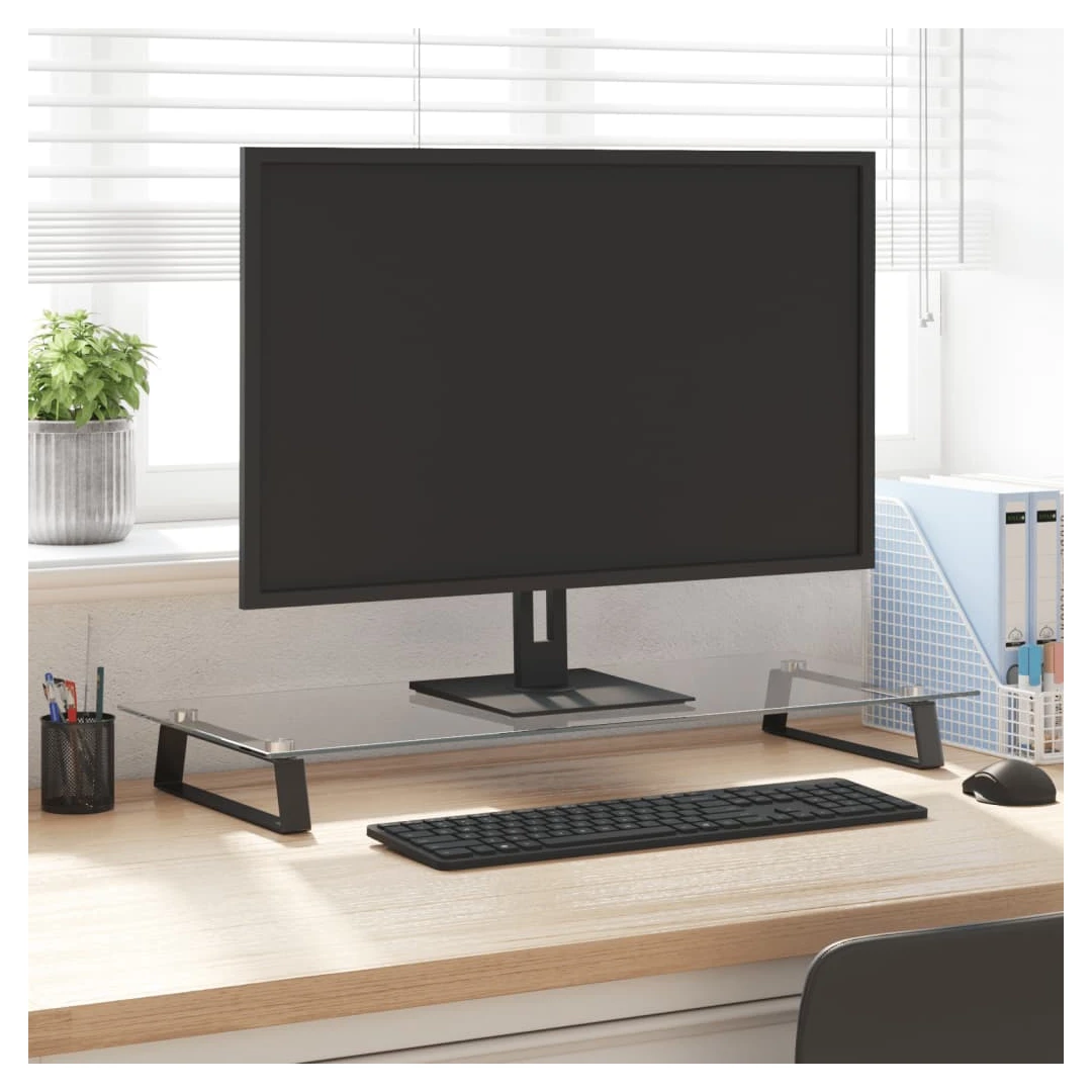Suport de monitor, negru, 80x35x8 cm, sticlă securizată/ metal - Acest suport practic pentru monitor, cu un design minimalist, va adăuga o notă modernă spațiului dvs. de locuit. Material durabil: Suportul pentru com...