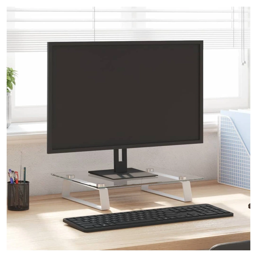 Suport de monitor, alb, 40x35x8 cm, sticlă securizată și metal - Acest suport practic pentru monitor, cu un design minimalist, va adăuga o notă modernă spațiului dvs. de locuit. Material durabil: Suportul pentru com...