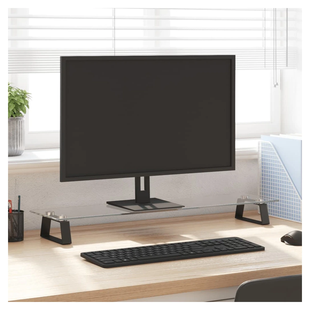 Suport de monitor, negru, 80x20x8 cm, sticlă securizată/ metal - Acest suport practic pentru monitor, cu un design minimalist, va adăuga o notă modernă spațiului dvs. de locuit. Material durabil: Suportul pentru com...