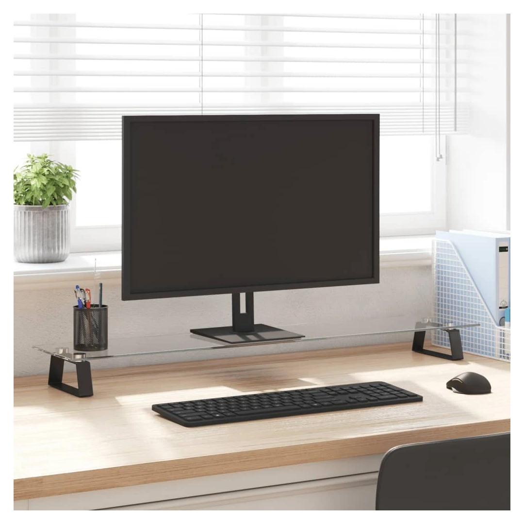 Suport de monitor, negru, 100x20x8 cm, sticlă securizată/ metal - Acest suport practic pentru monitor, cu un design minimalist, va adăuga o notă modernă spațiului dvs. de locuit. Material durabil: Suportul pentru com...
