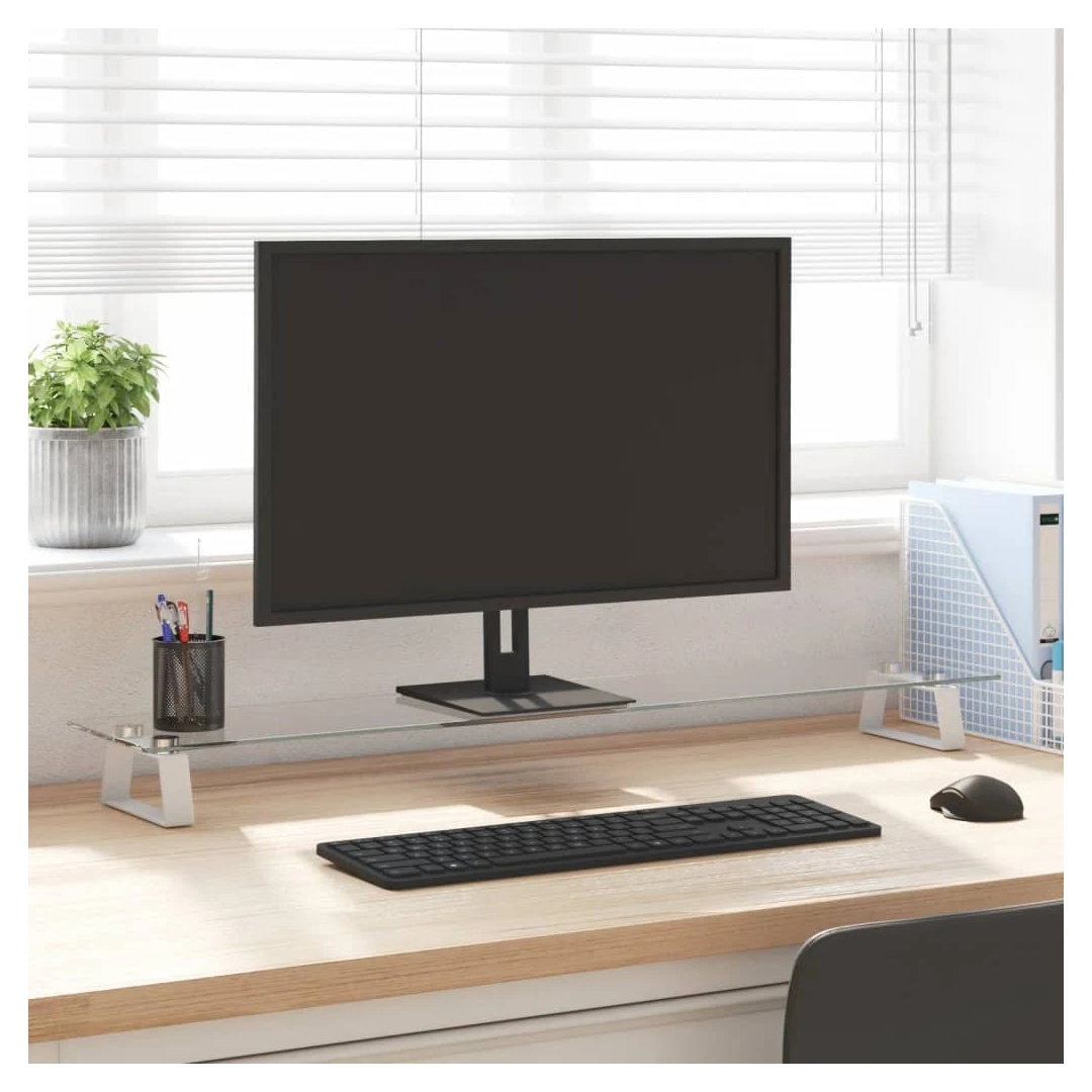 Suport de monitor, alb, 100x20x8 cm, sticlă securizată și metal - Acest suport practic pentru monitor, cu un design minimalist, va adăuga o notă modernă spațiului dvs. de locuit. Material durabil: Suportul pentru com...