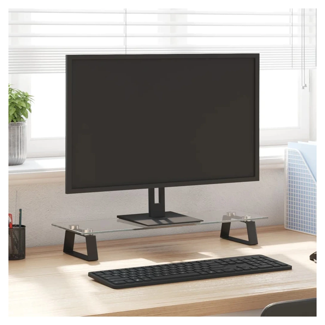 Suport de monitor, negru, 60x20x8 cm, sticlă securizată/ metal - Acest suport practic pentru monitor, cu un design minimalist, va adăuga o notă modernă spațiului dvs. de locuit. Material durabil: Suportul pentru com...