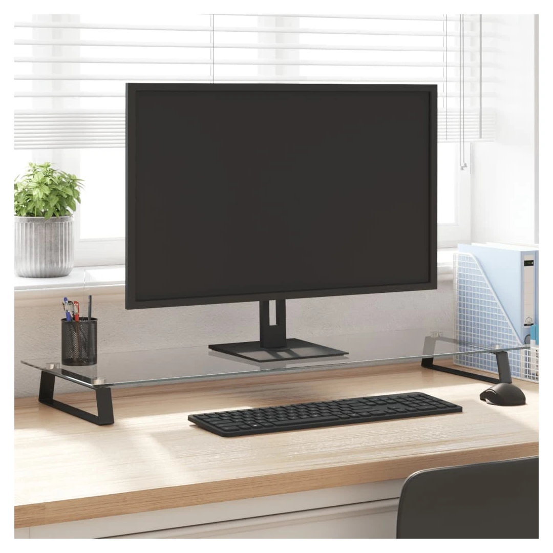 Suport de monitor, negru, 100x35x8 cm, sticlă securizată/ metal - Acest suport practic pentru monitor, cu un design minimalist, va adăuga o notă modernă spațiului dvs. de locuit. Material durabil: Suportul pentru com...