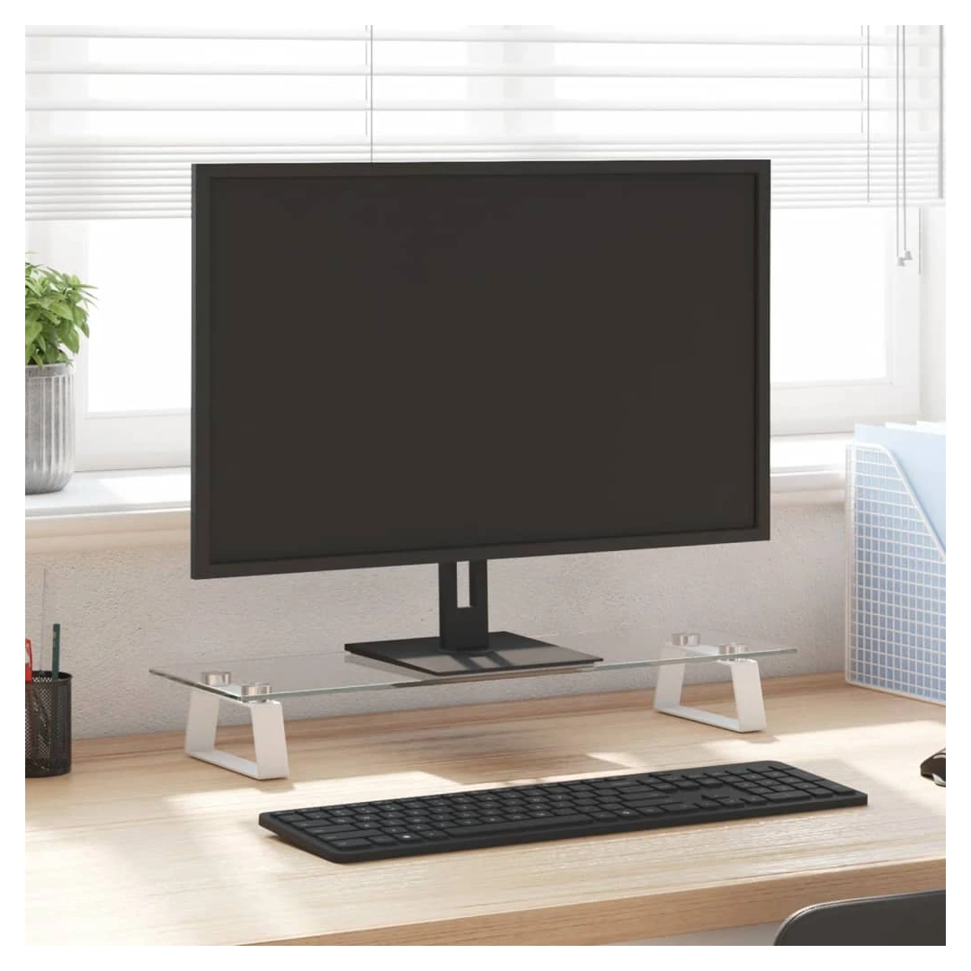 Suport de monitor, alb, 60x20x8 cm, sticlă securizată și metal - Acest suport practic pentru monitor, cu un design minimalist, va adăuga o notă modernă spațiului dvs. de locuit. Material durabil: Suportul pentru com...