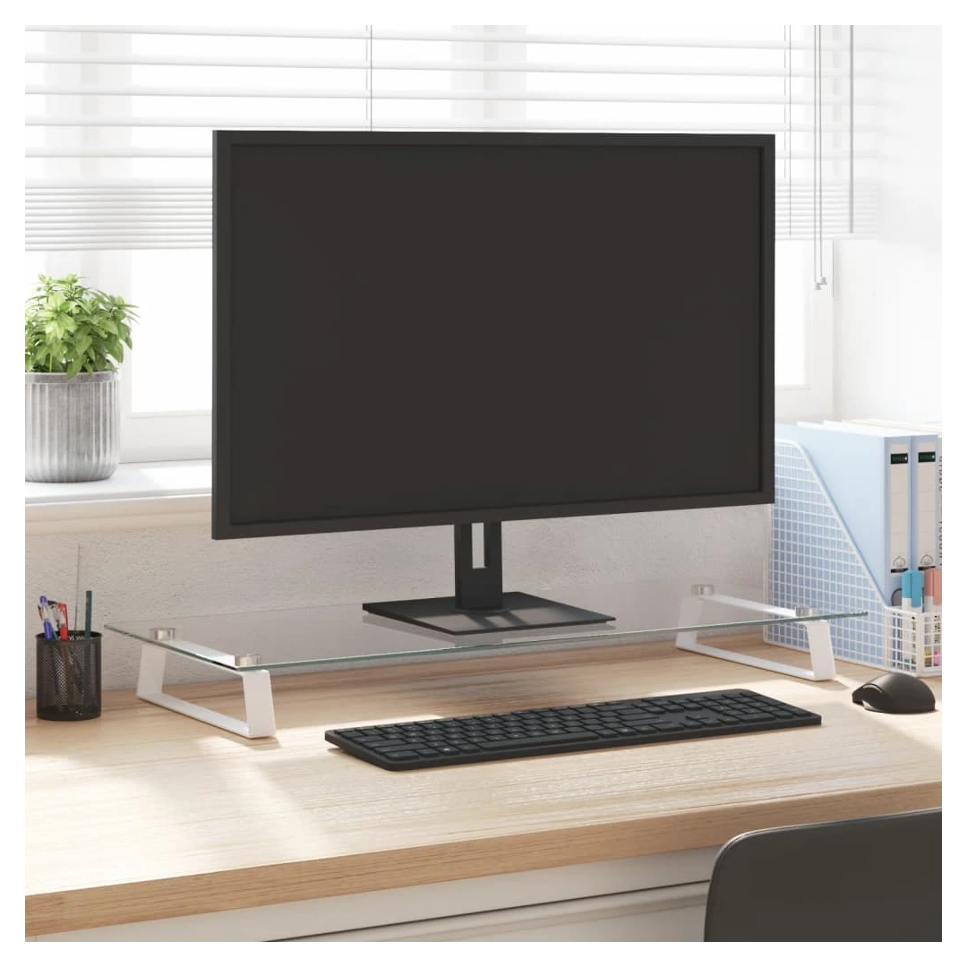 Suport de monitor, alb, 80x35x8 cm, sticlă securizată și metal - Acest suport practic pentru monitor, cu un design minimalist, va adăuga o notă modernă spațiului dvs. de locuit. Material durabil: Suportul pentru com...