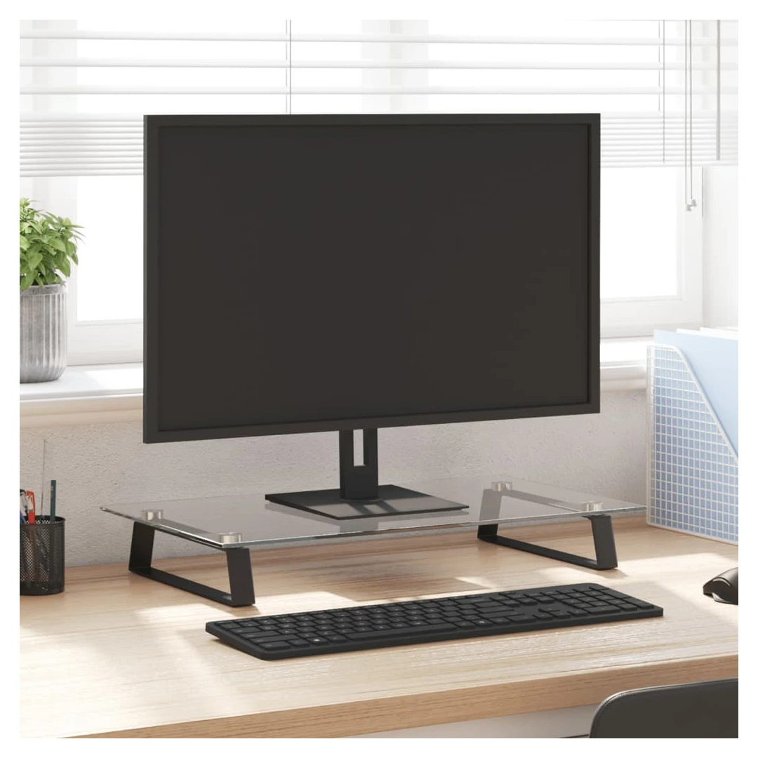 Suport de monitor, negru, 60x35x8 cm, sticlă securizată/ metal - Acest suport practic pentru monitor, cu un design minimalist, va adăuga o notă modernă spațiului dvs. de locuit. Material durabil: Suportul pentru com...