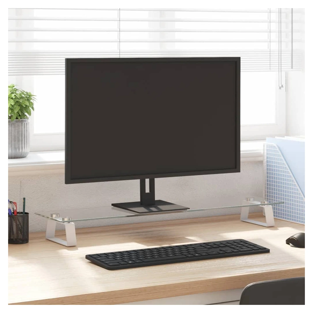 Suport de monitor, alb, 80x20x8 cm, sticlă securizată și metal - Acest suport practic pentru monitor, cu un design minimalist, va adăuga o notă modernă spațiului dvs. de locuit. Material durabil: Suportul pentru com...
