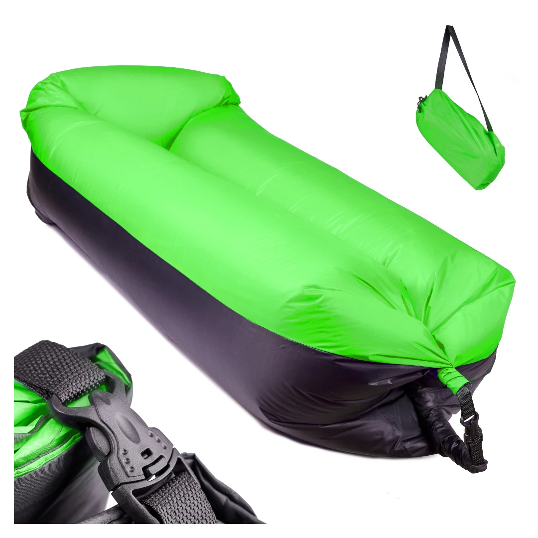 Saltea Autogonflabila "Lazy Bag" tip sezlong, 185 x 70cm, culoare Negru-Verde, pentru camping, plaja sau piscina - 