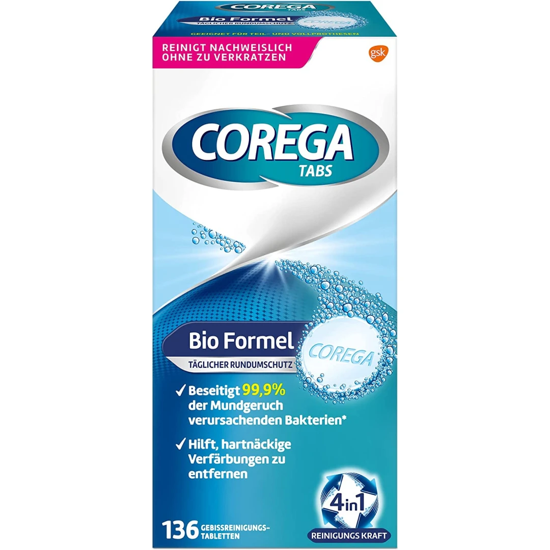 Set 136 Tablete efervescente pentru curatarea si igienizarea protezei dentare cu formula BIO, Corega - 