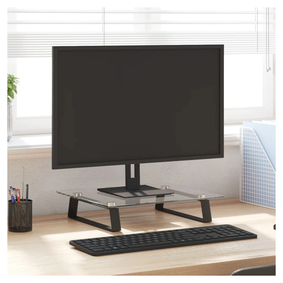 Suport de monitor, negru, 40x35x8 cm, sticlă securizată/ metal - Acest suport practic pentru monitor, cu un design minimalist, va adăuga o notă modernă spațiului dvs. de locuit. Material durabil: Suportul pentru com...