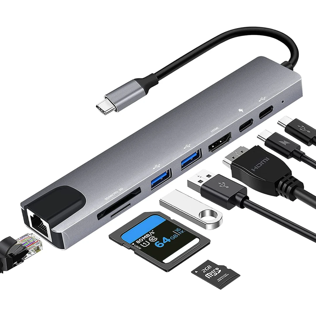 Hub Adaptor Multiport 8 in 1 USB-C 3.1 Axeloni ® la HDMI 4K / LAN RJ45 Ethernet / Type C Port / USB 3.0 / Power Delivery Port 100W / TF si SD Card Reader, Docking Station pentru Laptop, MacBook Air/Pro, Chromebook, Tableta, Gri - 