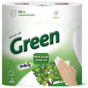 Rola prosop ZEBRA GREEN, 3 straturi, 2 role, 180 foi - <p>Zebra Green este o rola de bucatarie care ajuta la indepartarea si protejarea suprafetelor de murdarie. Are trei straturi de hartie din fibre reciclate si 80% alb, ceea ce o face o alegere excelenta pentru intreaga gospodarie.</p>
<p>Caracteristica principala: &gt; Cu hartie cu 3 straturi. &gt; Indeparteaza si protejeaza suprafetele.</p>
<p>Atentie: A se pastra intr-un loc uscat si aerisit. Perioada de valabilitate nelimitata.</p>