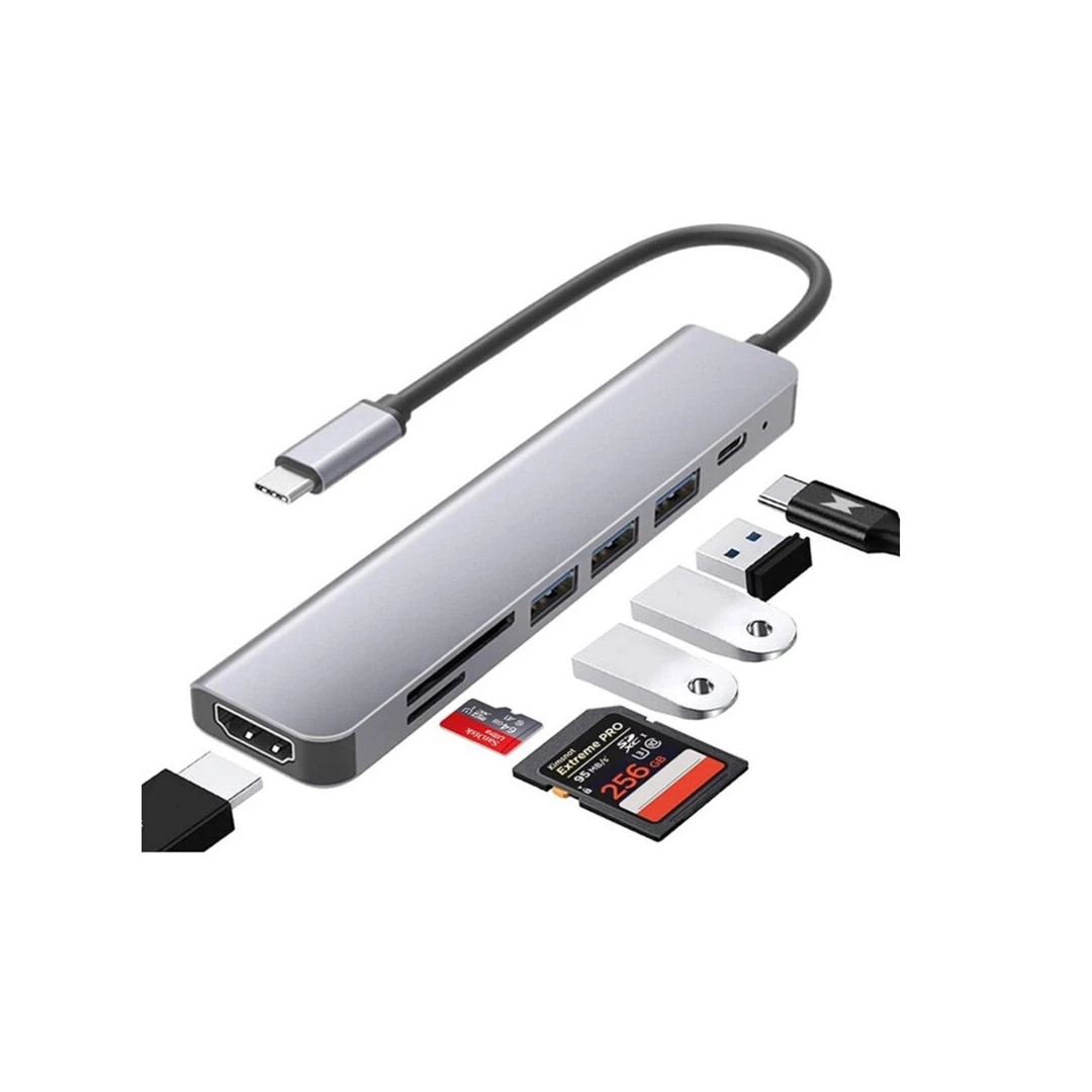 Hub USB Type-C 7 in 2, Axeloni ®, multiport 2 x USB 2.0, 1 x USB 3.0  5Gbps, HDMI 4K 30Hz, Card reader TD si SD Card, USB Type-C PD 100W, Gri - 