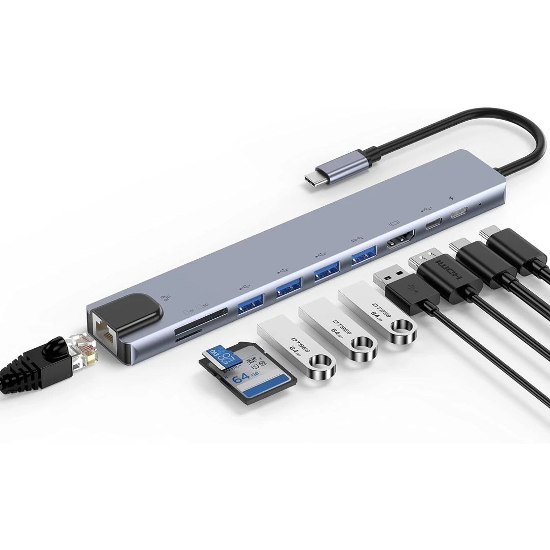 Hub Adaptor Multiport 10 in 1 USB-C Axeloni ® la HDMI 4K / port de retea RJ45 100mbps / Tip C Port / USB 3.0 / Putere de livrare Port 100W / TF si SD Card Reader, Docking Station pentru Laptop, MacBook Air/Pro, Chromebook, Tableta, Gri - 