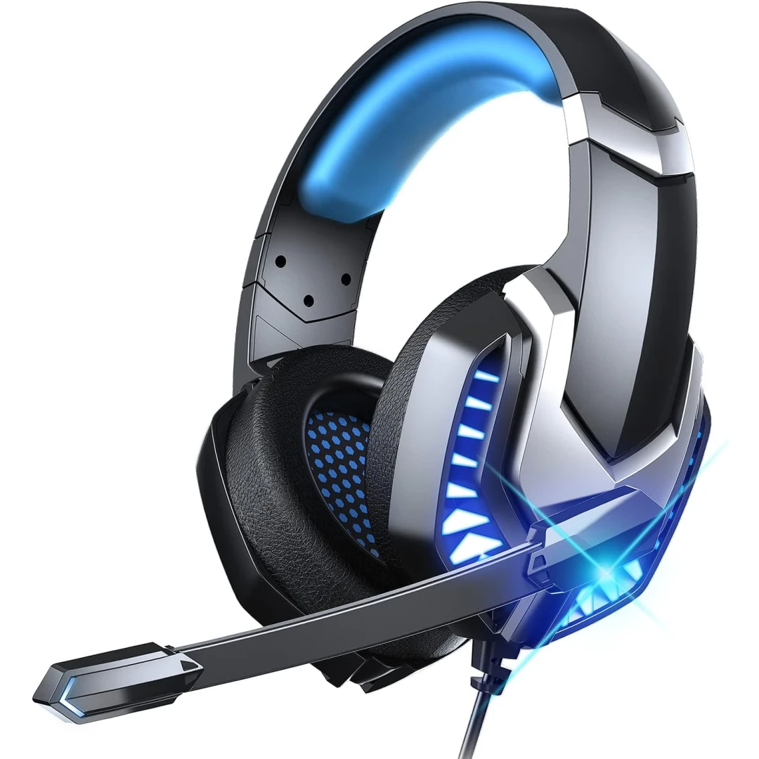 Casti gaming J30, Axeloni ®, negre cu leduri albastre, cu mufa jack de 3,5 mm, sunet stereo, reducerea zgomotului de fond, pentru PC Laptop, Mac, PS4, PS5, Xbox One - 