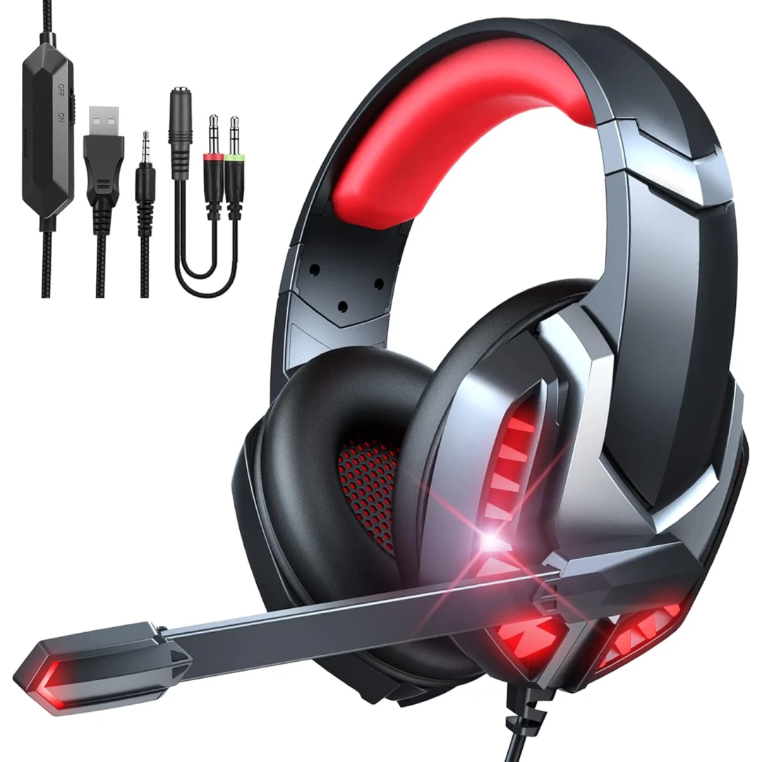 Casti gaming J30, Axeloni ®, negre cu leduri rosii, cu mufa jack de 3,5 mm, sunet stereo, reducerea zgomotului de fond, pentru PC Laptop, Mac, PS4, PS5, Xbox One - 